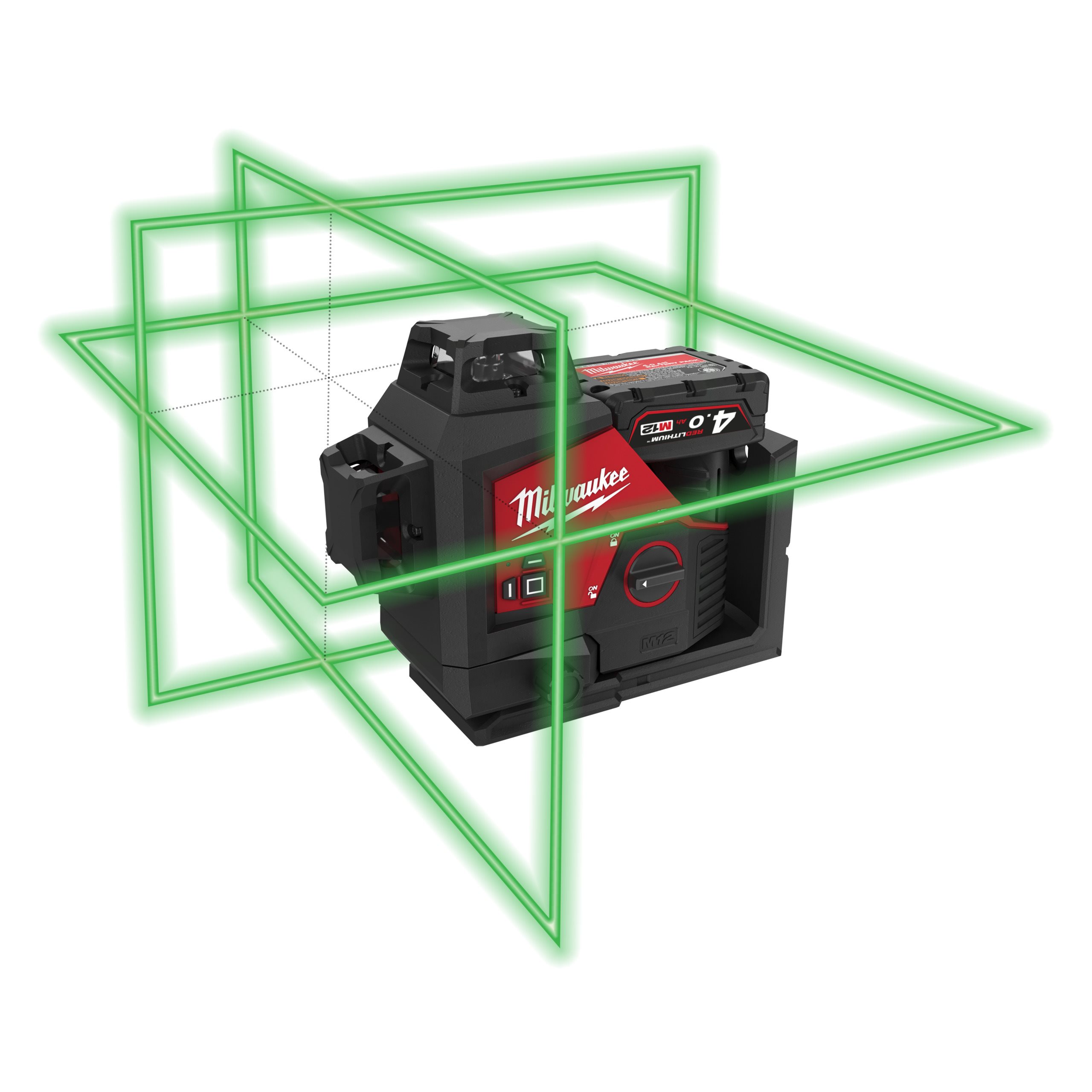 Аккумуляторный мультилинейный лазерный нивелир (3 линии x 360) с зеленым лучем Milwaukee M12 3PL-401C (Li-Ion 4 Ач)  (Арт. 4933478102)