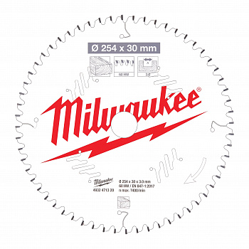 Пильный диск Milwaukee для торцовочной пилы по дереву 254x30x3,0 60 зубов  (Арт. 4932471320)