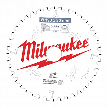 Пильный диск Milwaukee для торцовочной пилы по дереву 190x30x2,4 40 зубов  (Арт. 4932471314)