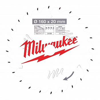 Пильный диск Milwaukee для циркулярной пилы по дереву 160x20x2,2 24 зуба  (Арт. 4932471290)