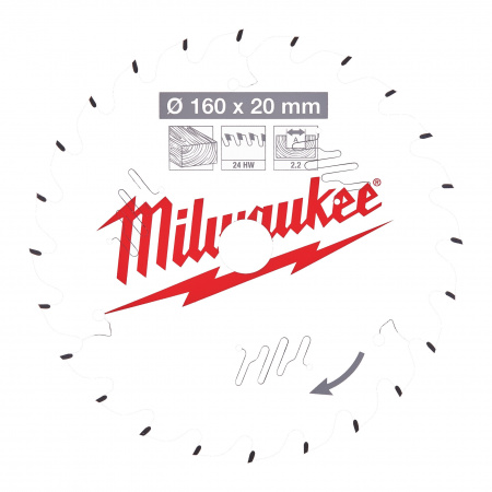 Пильный диск Milwaukee для циркулярной пилы по дереву 160x20x2,2 24 зуба  (Арт. 4932471290)