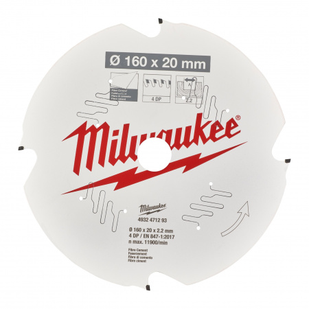 Пильный диск Milwaukee для циркулярной пилы по фиброцементу 160x20x2,2 4 зуба  (Арт. 4932471293)