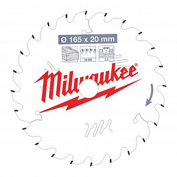 Пильный диск Milwaukee для циркулярной пилы по дереву 165x20x2,2 24 зуба  (Арт. 4932471294)