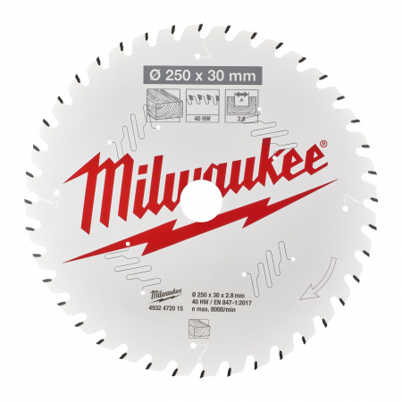 Пильный диск Milwaukee для торцовочной пилы по дереву 250x30x2,8 40 зубов  (Арт. 4932472015)