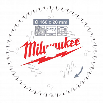 Пильный диск Milwaukee для циркулярной пилы по дереву 160x20x2,2 48 зубов  (Арт. 4932471291)
