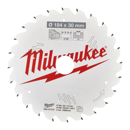 Пильный диск Milwaukee для циркулярной пилы по дереву 184x30x1,6 24 зуба  (замена для 4932352327) (Арт. 4932471297)