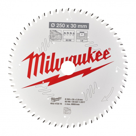 Пильный диск Milwaukee для торцовочной пилы по дереву 250x30x2,8 60 зубов  (Арт. 4932472016)