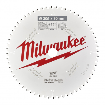 Пильный диск Milwaukee для торцовочной пилы по дереву 305x30x3,0 60 зубов  (Арт. 4932471321)