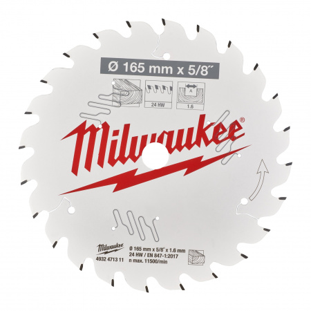 Пильный диск Milwaukee для циркулярной пилы по дереву 165x15.87x1.6 24 зуба (Арт. 4932471311)