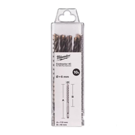 Бур по армированному бетону с 4-мя режущими кромками Milwaukee Contractor C4 SDS-Plus 6 X 110 мм (10 шт)  (Арт. 4932498868)