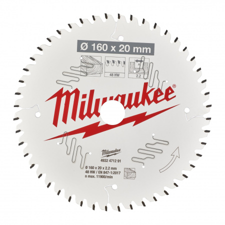 Пильный диск Milwaukee для циркулярной пилы по дереву 160x20x2,2 48 зубов  (Арт. 4932471291)