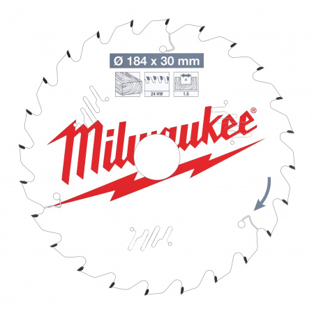Пильный диск Milwaukee для циркулярной пилы по дереву 184x30x1,6 24 зуба  (Арт. 4932471297)