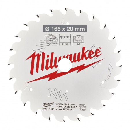 Пильный диск Milwaukee для циркулярной пилы по дереву 165x20x2,2 24 зуба  (Арт. 4932471294)