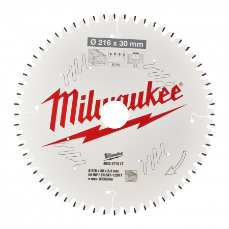 Пильный диск Milwaukee для торцовочной пилы по дереву 216x30x2,4 60 зубов  (Арт. 4932471317)