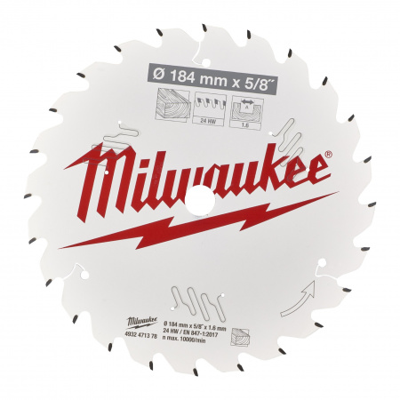 Пильный диск Milwaukee для циркулярной пилы по дереву 184x15.87x1,6 24 зуба  (Арт. 4932471378)