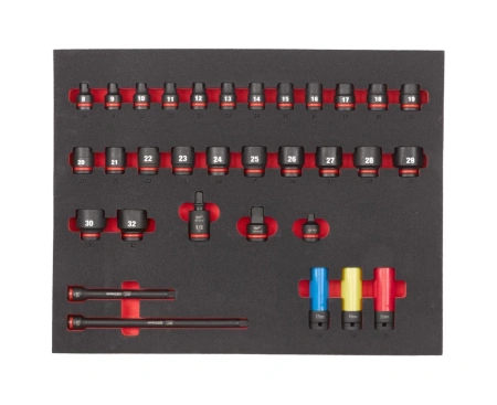Набор головок ударных Milwaukee 1/2'' (32 шт) (8, 9, 10, 11, 12, 13, 14, 15, 16, 17, 18, 19, 20, 21, 22, 23, 24, 25, 26, 27, 28, 29, 30, 32, автомобильные 17, 19, 21) в ложементе (Арт. 4932493392)