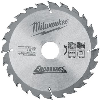 Пильный диск Milwaukee для циркулярной пилы по дереву 165x30x1,8 24 зуба  (Арт. 4932399909)