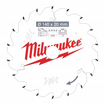 Пильный диск Milwaukee для циркулярной пилы по дереву 140x20x1,6 18 зубов  (Арт. 4932471310)