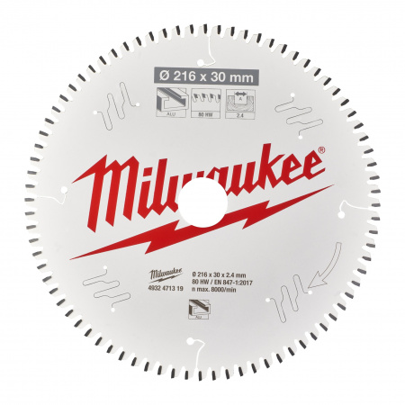 Пильный диск Milwaukee для торцовочной пилы по металлу и пластику 216x30x2,4 80 зубов  (Арт. 4932471319)