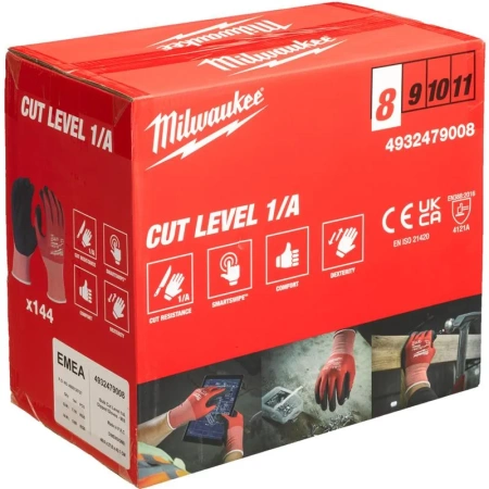 Перчатки Milwaukee Cut Level с защитой от минимальных рисков, уровень защиты A/1, размер M/8 (144 пары) (Арт. 4932479008)