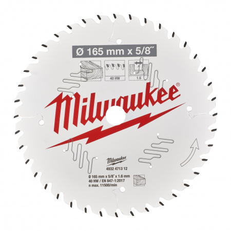 Пильный диск Milwaukee для циркулярной пилы по дереву 165x15.87x1.6 40 зубов  (Арт. 4932471312)