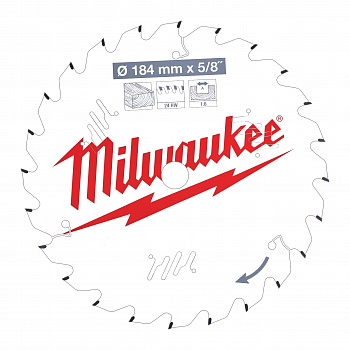 Пильный диск Milwaukee для циркулярной пилы по дереву 184x15.87x1,6 24 зуба  (Арт. 4932471378)